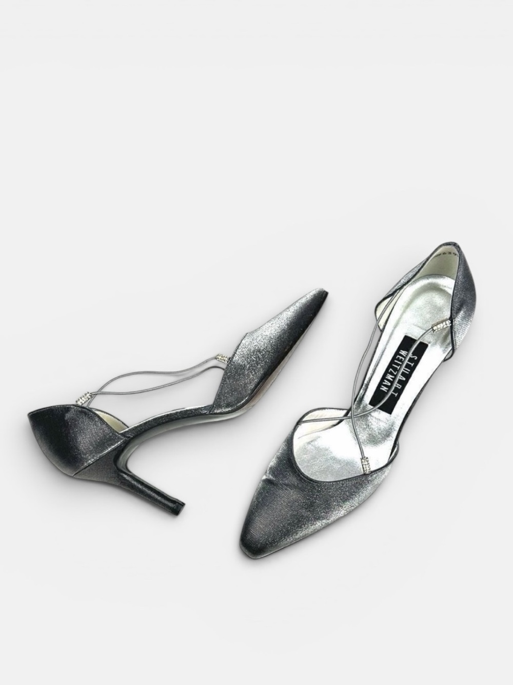 Stuart Weitzman Dark Silver Formal Heels Rhinestones Details Pointed Toe US 7,5